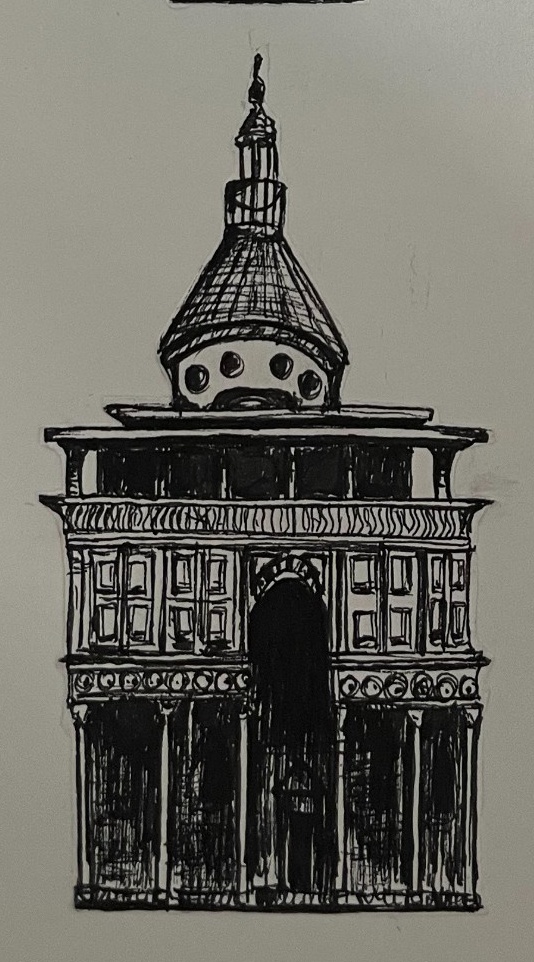 Detailed black and white ink illustration of a classical architectural dome with fine-line shading.